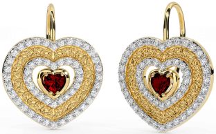 Diamond Garnet Gold Celtic Trinity Knot Heart Dangle Earrings