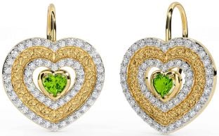 Diamond Peridot Gold Celtic Trinity Knot Heart Dangle Earrings