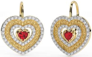 Diamond Ruby Gold Celtic Trinity Knot Heart Dangle Earrings