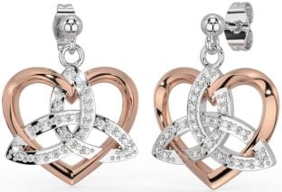 Diamond Rose Gold Silver Celtic Trinity Knot Heart Dangle Earrings