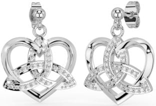 Diamond Silver Celtic Trinity Knot Heart Dangle Earrings