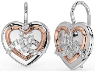 Diamond Rose Gold Silver Celtic Trinity Knot Heart Dangle Earrings
