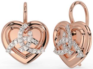 Diamond Rose Gold Silver Celtic Trinity Knot Heart Dangle Earrings