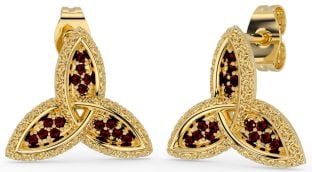 Garnet Gold Silver Celtic Trinity Knot Stud Earrings
