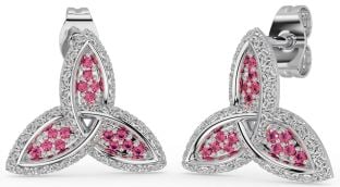 Pink Tourmaline White Gold Celtic Trinity Knot Stud Earrings