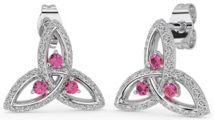 Pink Tourmaline White Gold Celtic Trinity Knot Stud Earrings