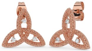 Diamond Rose Gold Silver Celtic Trinity Knot Stud Earrings