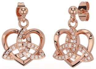 Diamond Rose Gold Silver Celtic Trinity Knot Heart Dangle Earrings