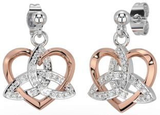 Diamond Rose Gold Silver Celtic Trinity Knot Heart Dangle Earrings