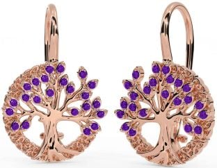 Amethyst Rose Gold Silver Celtic Tree of Life Trinity Knot Dangle Earrings