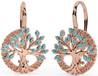 Aquamarine Rose Gold Silver Celtic Tree of Life Trinity Knot Dangle Earrings