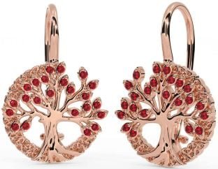 Ruby Rose Gold Celtic Tree of Life Trinity Knot Dangle Earrings