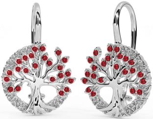 Ruby Silver Celtic Tree of Life Trinity Knot Dangle Earrings