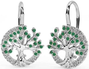 Emerald White Gold Celtic Tree of Life Trinity Knot Dangle Earrings