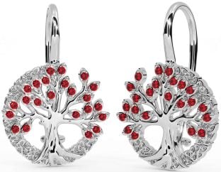 Ruby White Gold Celtic Tree of Life Trinity Knot Dangle Earrings