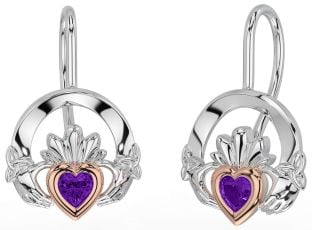 Amethyst Rose Gold Silver Claddagh Celtic Trinity Knot Dangle Earrings