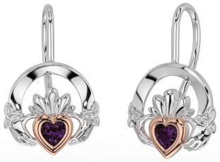 Alexandrite Rose Gold Silver Claddagh Celtic Trinity Knot Dangle Earrings