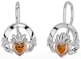 Citrine Rose Gold Silver Claddagh Celtic Trinity Knot Dangle Earrings