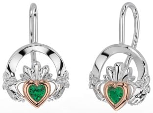 Emerald Rose Gold Silver Claddagh Celtic Trinity Knot Dangle Earrings