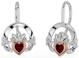 Garnet Rose Gold Silver Claddagh Celtic Trinity Knot Dangle Earrings