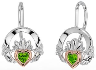 Peridot Rose Gold Silver Claddagh Celtic Trinity Knot Dangle Earrings