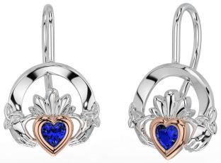 Sapphire Rose Gold Silver Claddagh Celtic Trinity Knot Dangle Earrings