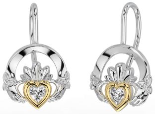 Diamond Gold Silver Claddagh Celtic Trinity Knot Dangle Earrings