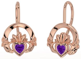 Amethyst Rose Gold Silver Claddagh Celtic Trinity Knot Dangle Earrings