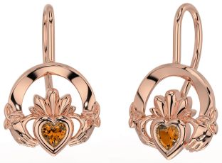 Citrine Rose Gold Silver Claddagh Celtic Trinity Knot Dangle Earrings