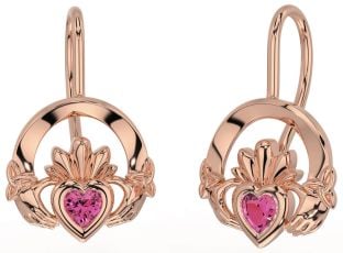 Pink Tourmaline Rose Gold Silver Claddagh Celtic Trinity Knot Dangle Earrings