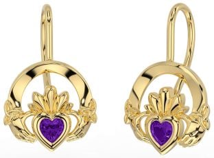 Amethyst Gold Silver Claddagh Celtic Trinity Knot Dangle Earrings