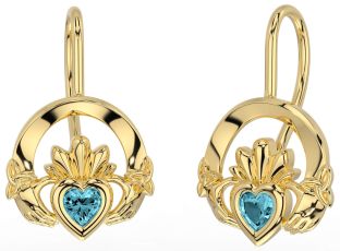 Aquamarine Gold Silver Claddagh Celtic Trinity Knot Dangle Earrings