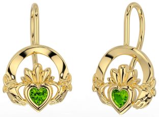 Peridot Gold Silver Claddagh Celtic Trinity Knot Dangle Earrings