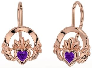 Améthyste Rose Or Claddagh celtique Trinité Noeud Pendre Des boucles d'oreilles