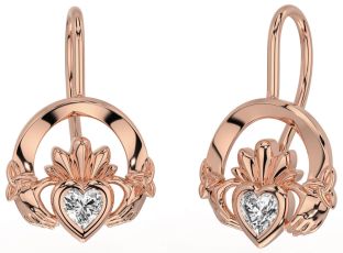 Diamond Rose Gold Claddagh Celtic Trinity Knot Dangle Earrings