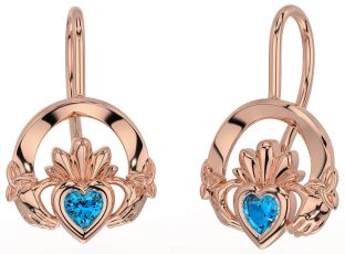 Topaz Rose Gold Claddagh Celtic Trinity Knot Dangle Earrings