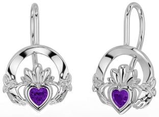 Amethyst Silver Claddagh Celtic Trinity Knot Dangle Earrings