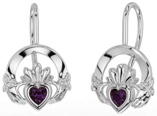 Alexandrite Silver Claddagh Celtic Trinity Knot Dangle Earrings