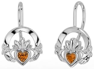 Citrine Silver Claddagh Celtic Trinity Knot Dangle Earrings