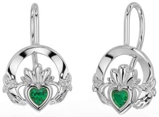 Emerald Silver Claddagh Celtic Trinity Knot Dangle Earrings