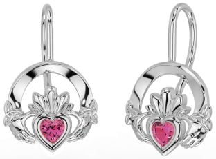 Pink Tourmaline Silver Claddagh Celtic Trinity Knot Dangle Earrings