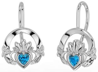 Topaz Silver Claddagh Celtic Trinity Knot Dangle Earrings