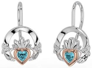 Aquamarine Rose Gold Silver Claddagh Celtic Trinity Knot Dangle Earrings