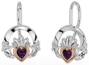 Alexandrit Rose Gold Silber Claddagh keltisch Dreieinigkeit Knoten Baumeln Ohrringe