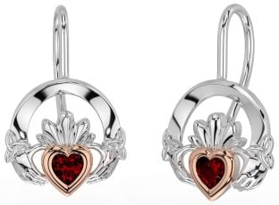 Grenat Rose Or Argent Claddagh celtique Trinité Noeud Pendre Des boucles d'oreilles