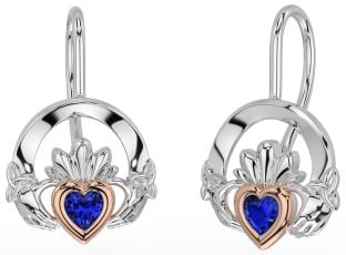 Sapphire Rose Gold Silver Claddagh Celtic Trinity Knot Dangle Earrings