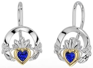 Saphir Or Argent Claddagh celtique Trinité Noeud Pendre Des boucles d'oreilles