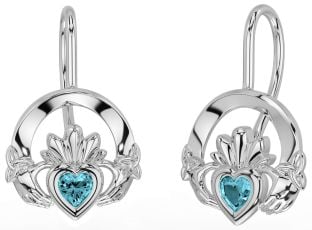 Aquamarine White Gold Claddagh Celtic Trinity Knot Dangle Earrings