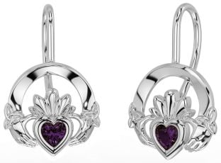 Alexandrite White Gold Claddagh Celtic Trinity Knot Dangle Earrings