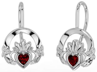 Garnet White Gold Claddagh Celtic Trinity Knot Dangle Earrings